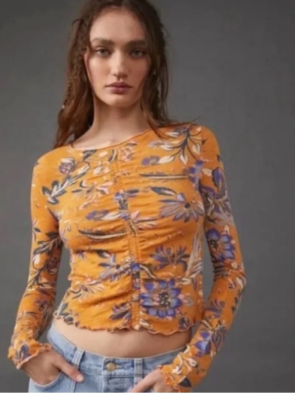 We The Free Orange Floral Ruched Long-Sleeve Crop Top